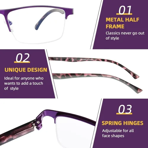 Miniatura 4 de FONHCOO - Gafas de lectura para mujeres y hombres, gafas de lectura con bloqueo de luz azul, metal, medio marco, lectores de computadora, anti