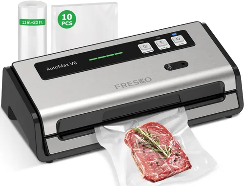 FRESKO Selladora de Alimentos al Vacío con Detección Automática de Bolsas, Doble Sellado Térmico, Almacenamiento Integrado de Rollos de Bolsas y