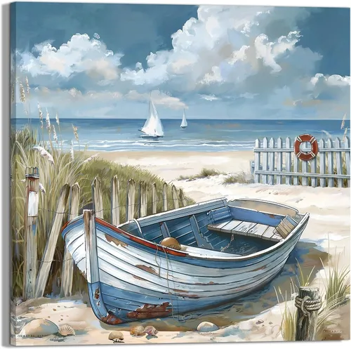 Miniatura 10 de Decoración de baño, arte de pared de playa, tema oceánico, imagen azul, impresión en lienzo, obra de arte costera moderna, enmarcada para colgar