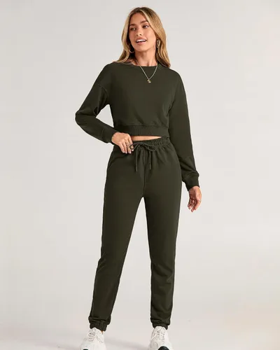 Miniatura 40 de BTFBM Conjunto deportivo de 2 piezas para mujer, camiseta corta de manga larga, sin botones, pantalón con cordón ajustable, pantalones deportivos