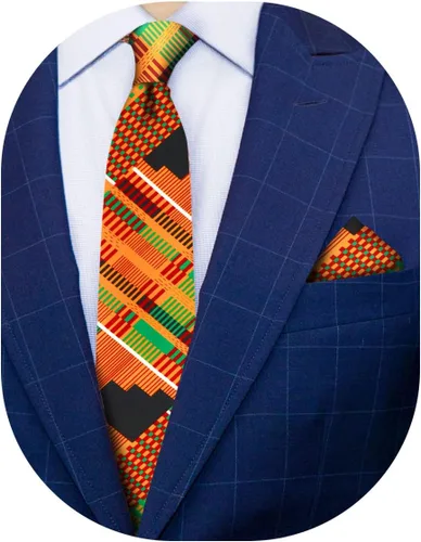 Miniatura 27 de Juego de corbata Kente con estampado africano y animal y pañuelo de bolsillo a juego