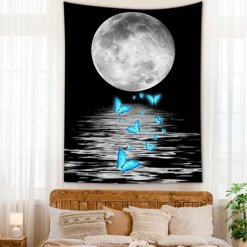 Miniatura 25 de LB Tapiz pequeño de luna llena sobre océano, tapiz de pared de cielo nocturno estrellado, fantasía 3D, arte de pared de luna grande en blanco