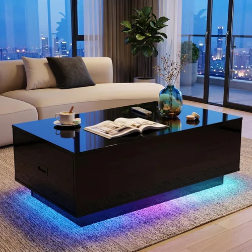 holzart Mesa de Centro LED de 41 pulgadas con 2 cajones, mesa moderna negra de alto brillo con iluminación para sala de estar (41.33" An x 23.62" Pr)