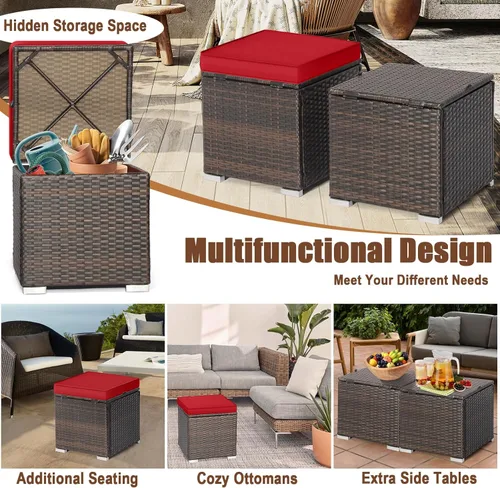 Miniatura 7 de RELAX4LIFE Otomana de mimbre para almacenamiento al aire libre, reposapiés de ratán de 2 piezas con cojín extraíble, reposapiés multiusos, mesa Rojo