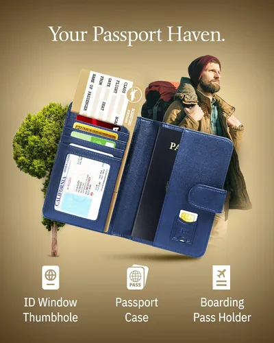 Miniatura 3 de Funda para pasaporte con bloqueo RFID, funda de cuero hecha a mano para pasaporte, organizador de documentos de viaje para hombres y mujeres, Azul