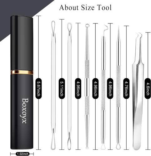 Miniatura 6 de Boxoyx Kit de herramientas para reventar espinillas, kit de herramientas extractoras de comedones de 6 piezas con estuche de metal para eliminar