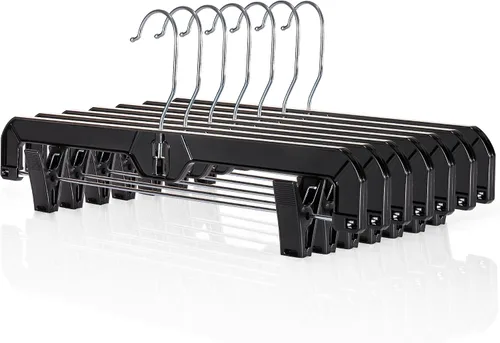 Miniatura 12 de HOUSE DAY Perchas negras para pantalones con clips, paquete de 12 perchas de plástico para falda para mujer, colgador de clip de 14 pulgadas