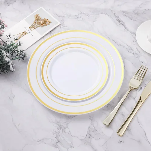 Miniatura 5 de BESTVIP 200 piezas de platos de plástico dorados, platos desechables para fiestas con 100 platos de cena y 100 platos de postre, platos de plástico