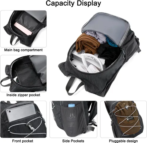 Miniatura 3 de BOVIP Mochila de senderismo de 20L Mochila de senderismo plegable ligera Mochila de viaje pequeño al aire libre Bolsa de hombro plegable Negro
