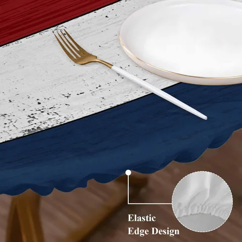 Miniatura 4 de Mantel redondo ajustable azul marino, rojo y blanco con borde elástico, mantel para exteriores, impermeable, a rayas, de madera de granja
