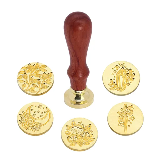 Miniatura 4 de SWANGSA Juego de sellos de cera, 6 piezas vintage con patrón de plantas de flores y 1 mango de madera para tarjetas de felicitación de boda, regalo