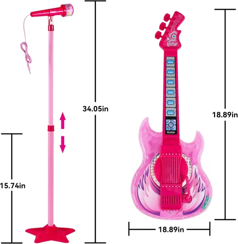 Miniatura 2 de Juego de guitarra y micrófono para niñas, máquina de karaoke con música y luz, juguetes de micrófono con soporte, juguetes de guitarra de altura