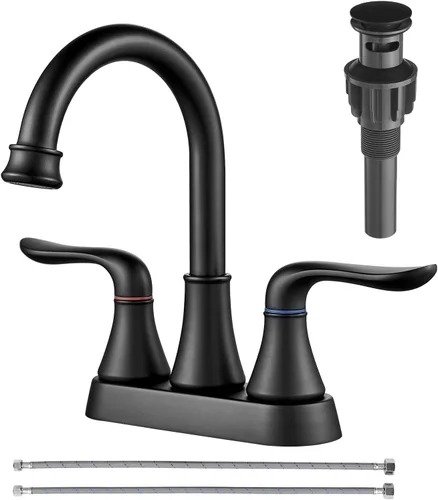 GENBONS Grifos de baño para fregadero de 3 agujeros, 4 pulgadas, color negro mate con drenaje emergente y 2 mangueras de suministro, 2 manijas para