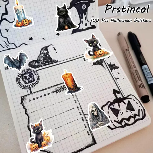 Miniatura 8 de 100 calcomanías de gato negro y bruja, calcomanías de calabaza horrible para álbumes de recortes, diario basura, collages, recuerdos de fiesta