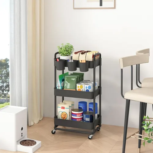 Miniatura 4 de JIUYOTREE - Carro utilitario de almacenamiento rodante de plástico de 3 niveles con tazas colgantes extra, mangos, ruedas con bloqueo para sala
