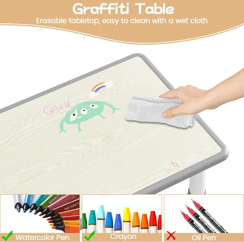 Miniatura 3 de Juego de mesa y 4 sillas para niños, mesa y sillas ajustables en altura para niños de 2 a 10 años, escritorio con graffiti, patas antideslizantes