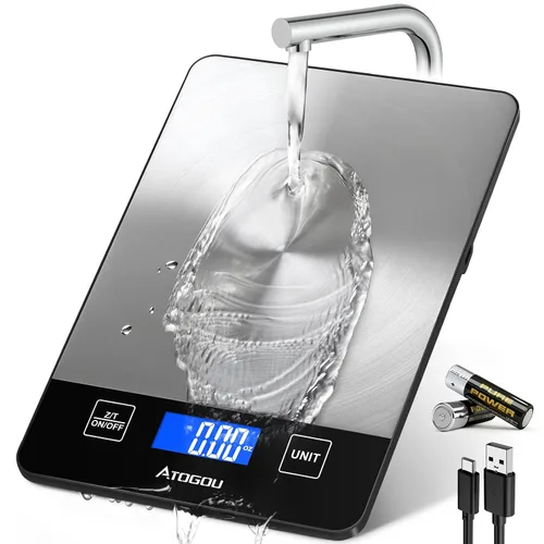 Atogou Báscula de alimentos – Báscula digital de cocina de 33 libras, pantalla recargable y de visión completa, resistente al agua, carga de Negro