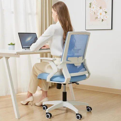 Miniatura 6 de Silla ergonómica de oficina con altura ajustable de malla, silla giratoria con brazos abatibles y soporte lumbar, color azul Brazos abatibles - Azul