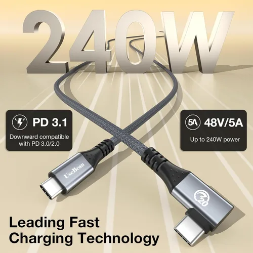 Miniatura 2 de UseBean Cable USB C a USB C de 240 W de 0.6 pies [2 unidades], cable de datos USB C 3.2 Gen 2X2 20Gbps de ángulo recto, salida de video 4K, cable