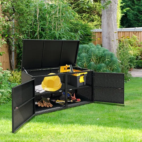 Miniatura 3 de HAPPYGRILL Caja de almacenamiento de mimbre para exteriores, caja de almacenamiento de mimbre para patio, 88 galones, caja de almacenamiento