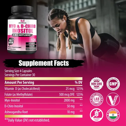Miniatura 4 de BMVINVOL Cápsulas de 2,050 mg de mio-inositol y D-Chiro inositol con folato, vitamina D, equilibrio hormonal y apoyo ovárico para mujeres