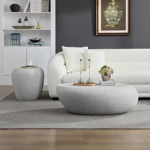 Miniatura 25 de Ø35.43'' Mesa de café redonda para sala de estar, moderna mesa de café en forma de tambor, material de fibra de vidrio, sin ensamblaje, beige