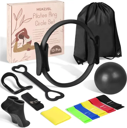 Miniatura 12 de Kit esencial de anillo de pilates para mujer, equipo de entrenamiento en casa con pelota de 9.8 pulgadas, bandas de resistencia, círculo mágico, Azul