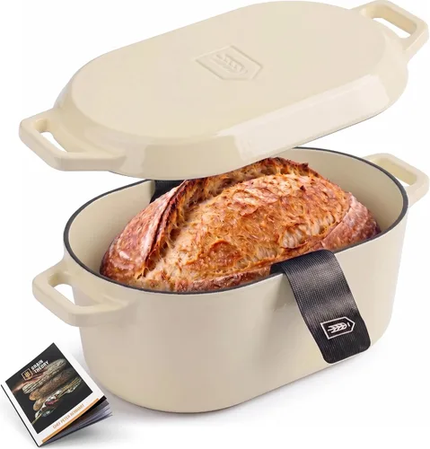 Miniatura 12 de KooK Horno holandés, para hornear pan, molde para pan de masa madre, con tapa, asas dobles, hierro fundido esmaltado, incluye palanca de tapa, apto