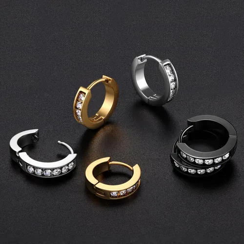 Miniatura 6 de FIBO STEEL Aretes de aro pequeños de acero inoxidable de 0.512 in y 0.787 in para hombres y mujeres, aretes Huggie con incrustaciones de circonita