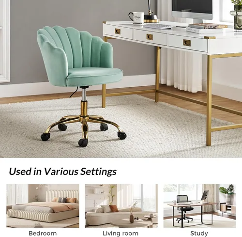 Miniatura 6 de HULALA HOME Silla de oficina en casa de terciopelo con base dorada, silla de escritorio tapizada moderna y linda de concha para mujer para tocador