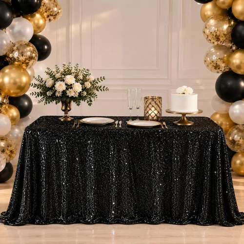 Miniatura 27 de Juya Delight Mantel rectangular negro de lentejuelas de 50 x 80 pulgadas para fiesta, cena, banquete, festival, boda, aniversario, exposición, mesa