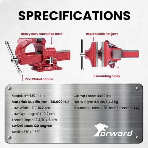 Miniatura 7 de Forward 1304 - Tornillo de banco de 4 pulgadas de hierro dúctil para el hogar, tornillo de banco de 4" para el propietario de la casa con yunque