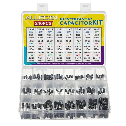 Juego surtido de condensadores electrolíticos de 24 valores de 0.1uF a 1000uF 10V 16V 25V 50V en línea de condensadores de aluminio