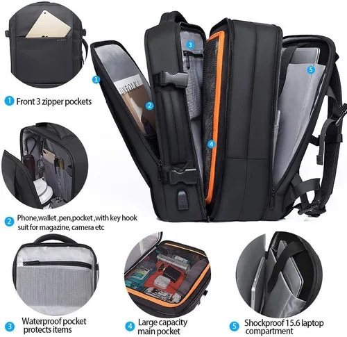 Miniatura 5 de BANGE Mochilas de viaje de 35L, mochila de mano expandible para aviones, mochila impermeable para laptop de 17.3 pulgadas para hombres y mujeres