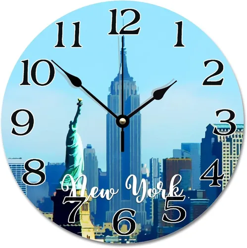 Miniatura 15 de Reloj de pared con paisaje urbano de Nueva York, Estados Unidos, reloj de pared grande de viaje, funciona con pilas, 9 pulgadas, silencioso
