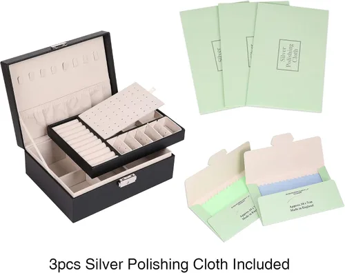 Miniatura 5 de Joyero para mujer cuero con candado organizador portátil de joyas de 2 capas y caja de almacenamiento collares pulseras anillos soporte para aretes