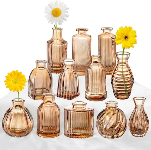 Miniatura 22 de Jarrones de brotes de champán en paquetes al por mayor de 24 envases, jarrones de vidrio ámbar pequeños para decoración, centros de mesa, jarrones