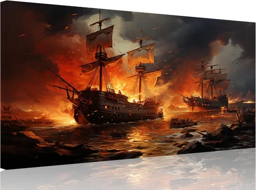 Miniatura 24 de TutuBeer 3 Piezas Arte de Pared Batalla Naval Barco Imagen Barco Pirata Velero Póster Barco Pirata Azul en Llamas Imagen Impresa en Lienzo Póster