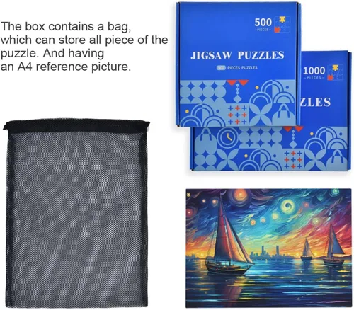 Miniatura 7 de Painting of Sailing Jigsaw Puzzle, 500 Pieces Paper Wood Composite Material Zigsaw with Storage Bag and Reference Picture Easy to Solve