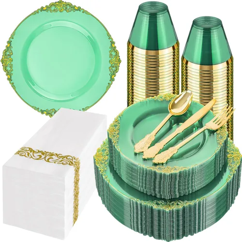 Hioasis 350 platos de plástico verde y dorado, platos de fiesta verdes para 50 invitados, incluyen 100 platos resistentes (20% más gruesos que el