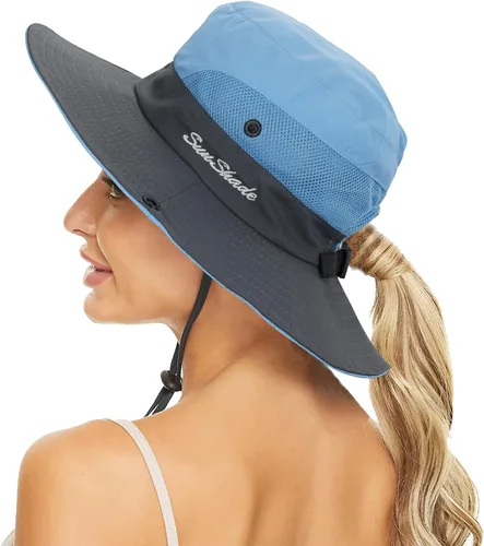 Miniatura 31 de Sombrero de sol de verano para mujer, cola de caballo – Protección UV de malla de ala ancha plegable con agujero para cola de caballo