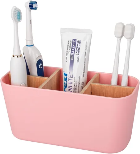 Miniatura 14 de Portacepillos de dientes para baños, soporte para cepillos de dientes de bambú con 5 ranuras, organizador de tocador de baño para encimera