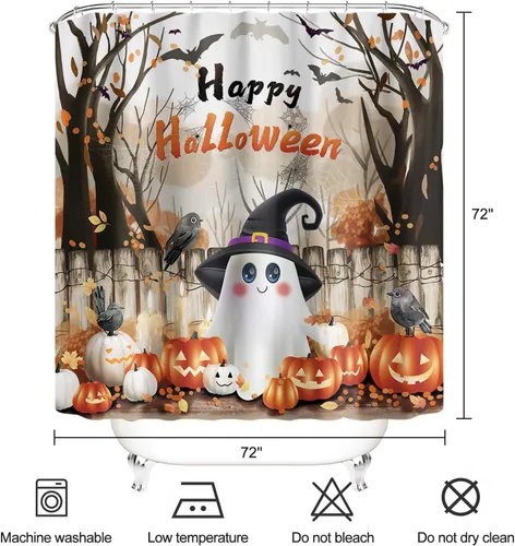 Miniatura 5 de Cortina de ducha de Halloween con fantasmas felices, cortina de baño espeluznante de calabaza malvada y murciélago, hojas de otoño, cortinas