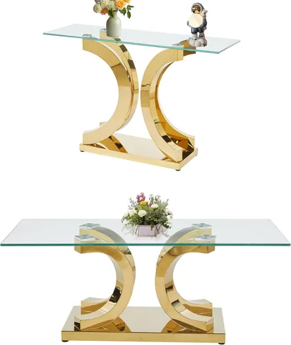 Miniatura 46 de SSLine Mesa auxiliar de cristal de lujo para sala de estar, mesa auxiliar moderna dorada con base de pedestal de acero inoxidable en forma de flor