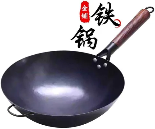 SERENITA Woks chinos de hierro martillado 100% a mano, antiadherentes, sin revestimiento, menos aceite, mango de madera sazonado negro (cocina-14.2