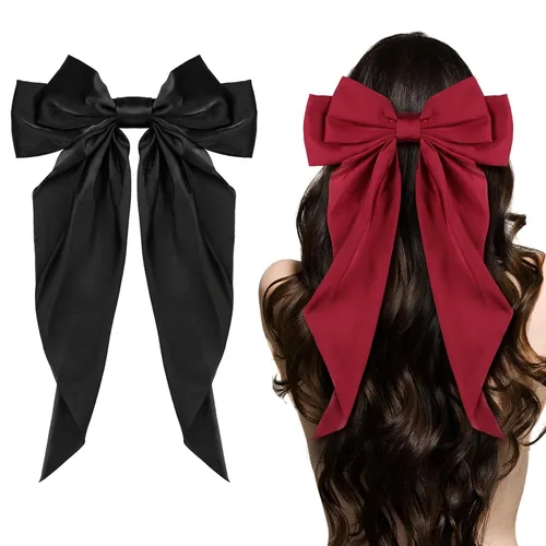 Accesorios para el cabello con lazo grande, 2 unidades, pasadores sedosos de satén francés de cola larga para mujeres y niñas, negro, borgoña, lazos