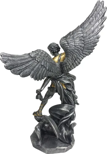 Miniatura 4 de 14 1/2 pulgadas de peltre y oro Arcángel San Miguel pisotea la escultura de la estatua del demonio