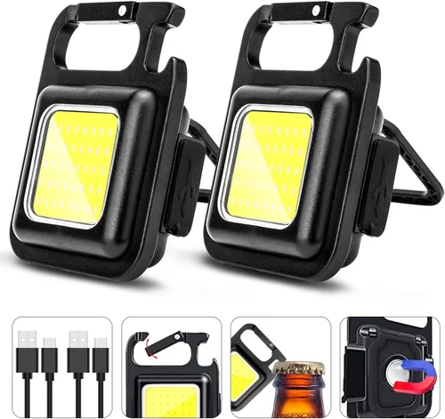 MAKDAK COB Linterna Recargable de Llavero 2Pack, Luz de Trabajo LED Super Brillante de Alto Lúmen con Imán, Clip, Abrebotellas para Paseos con