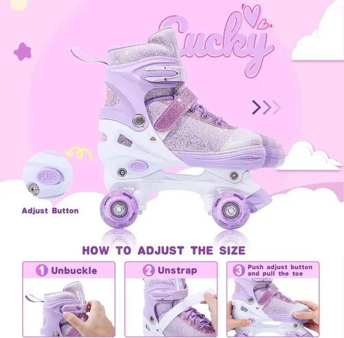 Miniatura 2 de Patines de ruedas para niñas, niños y principiantes, 4 tamaños ajustables con ruedas que se iluminan, patines morados y rosados divertidos e