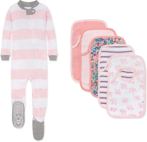 Burt's Bees Baby Baby-girls - Pijama con pies y cremallera y conjunto de baberos, paquete de regalo, 100% algodón orgánico